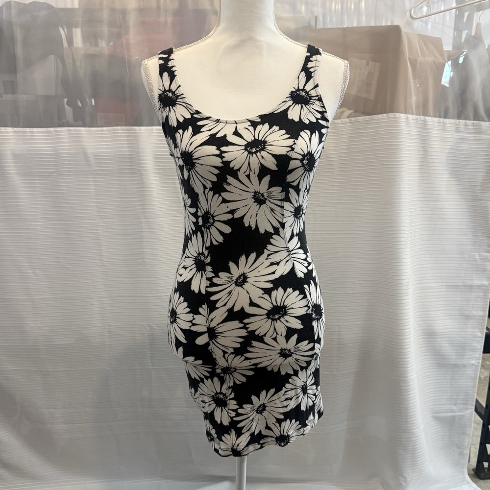 Forever 21 90s Y2K Daisy Floral Mini Dress Bodycon Sleeveless‎ Black White S